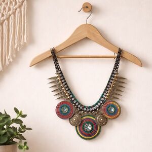 🛍️ ALDO bronze Boho bronze round, colorful rhinestone feather chain necklace